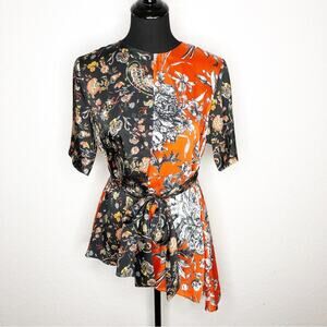 Zara red orange black white floral tie waist asymmetrical hem top size Medium